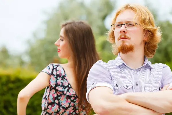 Offended Upset Couple Young Male Female Talking Each Other Sitting — Stock Photo, Image