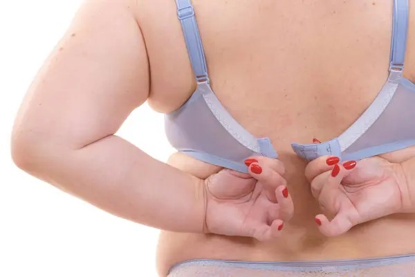 Fat Woman Rear View Opening Taking Putting Her Bra Size — Stock Photo, Image