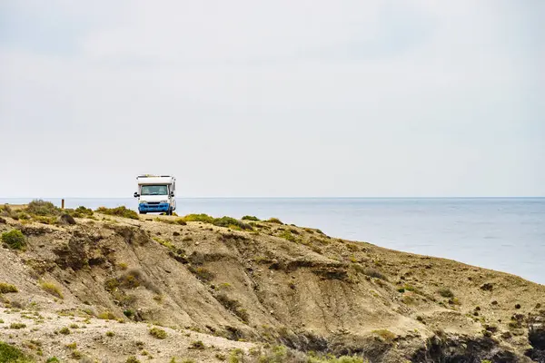 Camper Car Camping Cliff Spanish Landscape Almeria Coast Traveling Motorhome — Stock Photo, Image