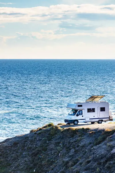 Camper Tilt Solar Photovoltaic Panels Roof Camping Cliff Sea Shore — Stock Photo, Image