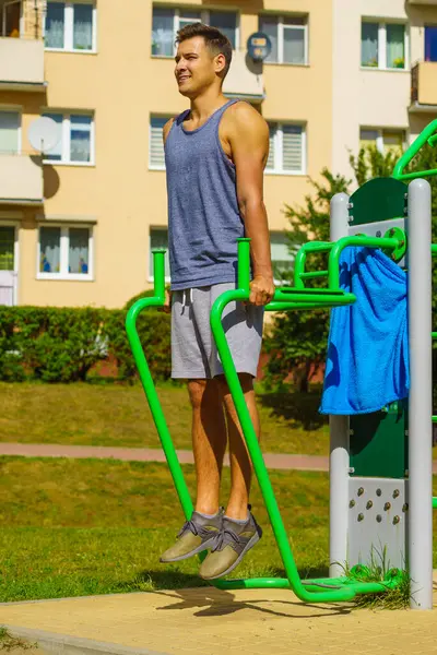 Young Handsome Man Working Out Outdoor Gym Sporty Guy Flexing — Stock Photo, Image