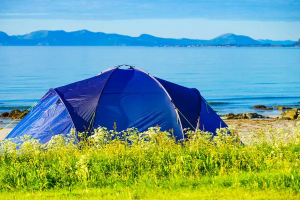 Niebieski Namiot Plaży Gimsoysand Latem Góry Horyzoncie Morskim Kemping Nad Obrazek Stockowy