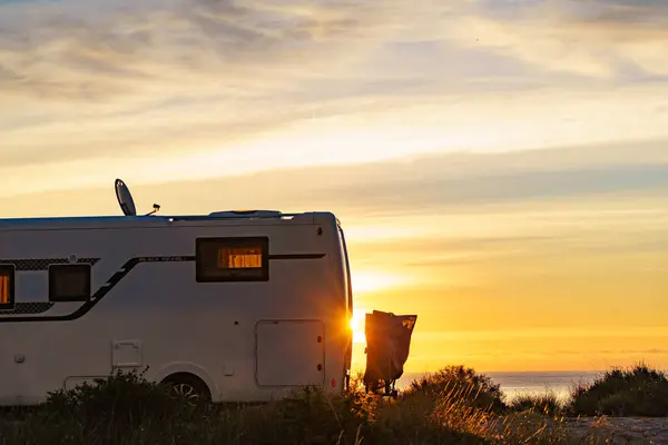 Camper Camping Coast Nature Morning Sunrise Holidays Spain Travel Motor — Stock Photo, Image