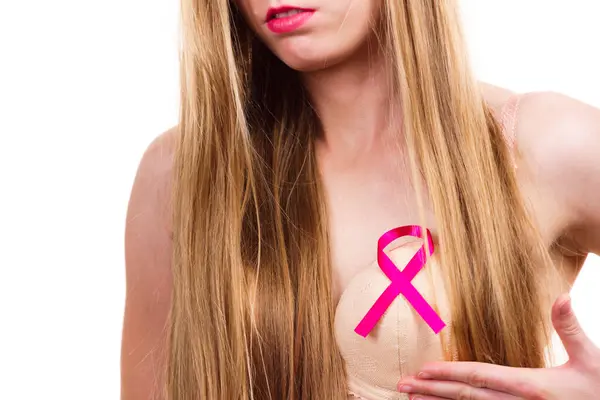 Woman Wih Pink Ribbon Chest International Symbol Breast Cancer Awareness Stock Picture