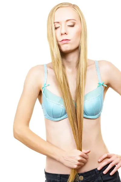Young Long Hair Blonde Woman Small Boobs Wearing Bra Female Royalty Free Stock Photos