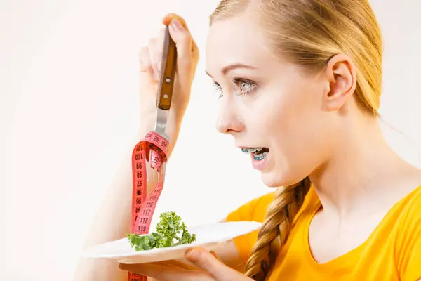 Happy Young Smiling Woman Eat Lettuce Holding Plate Fork Tape — Stock Photo, Image