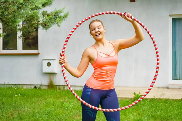 Woman Using Hoola Hoop Slim Fit Body Doing Exercises Gym Royalty Free Stock Images