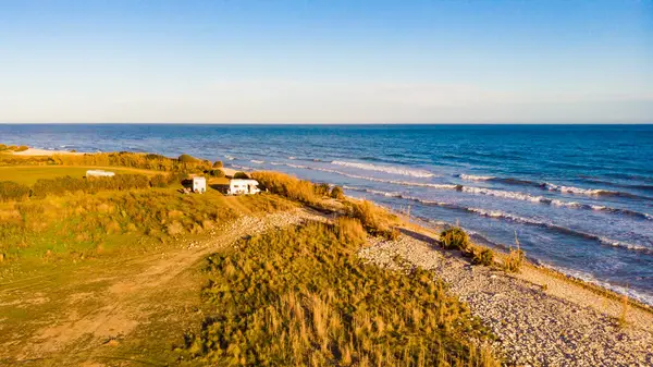 Aerial View Coastal Landscape Caravan Wild Camping Beach Sea Shore Stock Photo