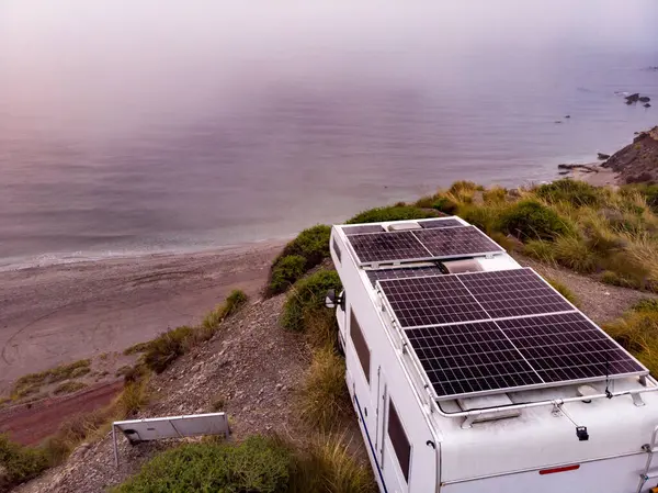 Aerial View Camper Solar Photovoltaic Panels Roof Camping Cliff Sea — Stock Photo, Image
