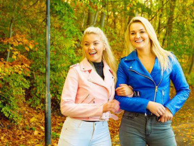 Two blonde women best friends wearing fashionable outfit, pink and blue ramones jackets, walking in autumn park. Relax on nature clipart