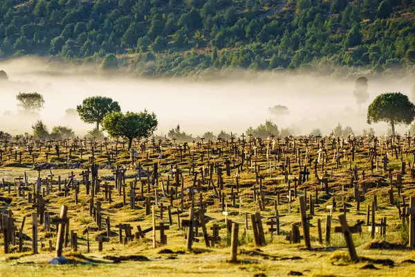 stock image Hazy foggy weather in early morning over Sad Hill Cemetery in Burgos, Spain. Tourist place, spaghetti western film location.