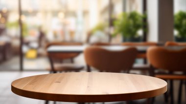 Bulanık modern arkaplan, ürün gösterimi için boş kafeterya masası. Oluşturulmuş.