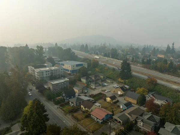 Smoke Covered City of Bellingham Washington Smoggy Air Along the Freeway in Polluted Environment From Forest Fires Caused By Climate Change