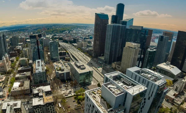 Создание Снимка Центра Небоскребов Центра Сиэтла Вашингтоне Перспектива Широкоугольного Воздуха — стоковое фото