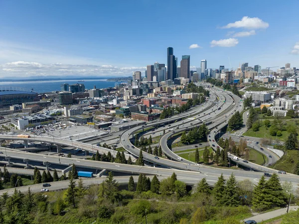 Sunny Cityscap Seattle Belvárosa Highway Interchange South Tól — Stock Fotó
