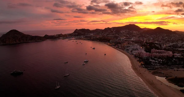 Glorious Red Sky Sunrise Cabo Mexico Bay Yachts City Beach Stock Image