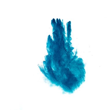 Blue color powder explosion cloud on white background.Blue dust particles splash.