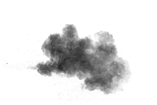 Zwarte Poeder Explosie Tegen Witte Achtergrond Houtskool Stof Deeltjeswolk — Stockfoto