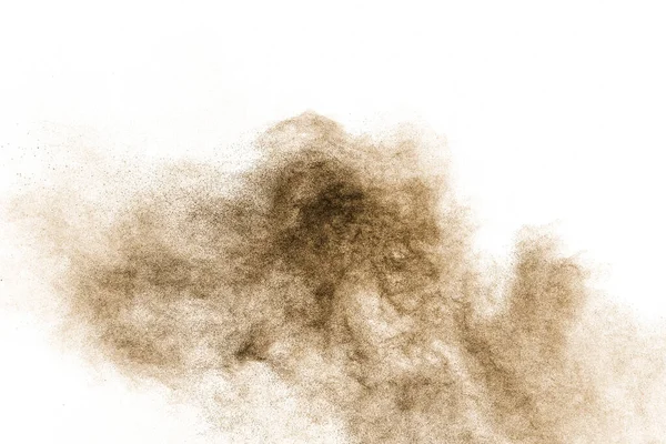 Particelle Marroni Schizzano Sfondo Bianco Spruzzi Polvere Marrone — Foto Stock