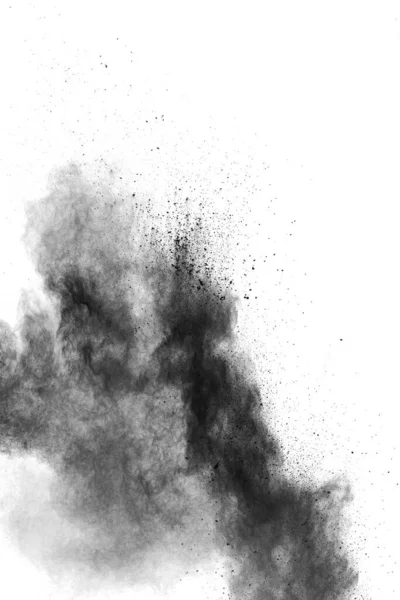 Svart Pulver Damm Splashing Black Partiklar Stänkt Vit Bakgrund — Stockfoto
