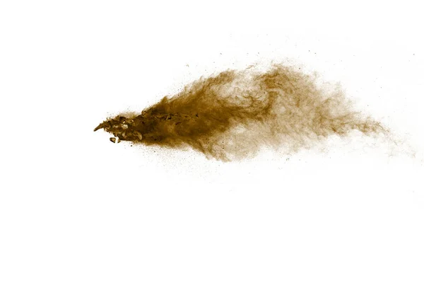 Kahverengi Tozun Patlayan Hareketini Dondur Beyaz Arkaplana Karşı Kahverengi Toz — Stok fotoğraf