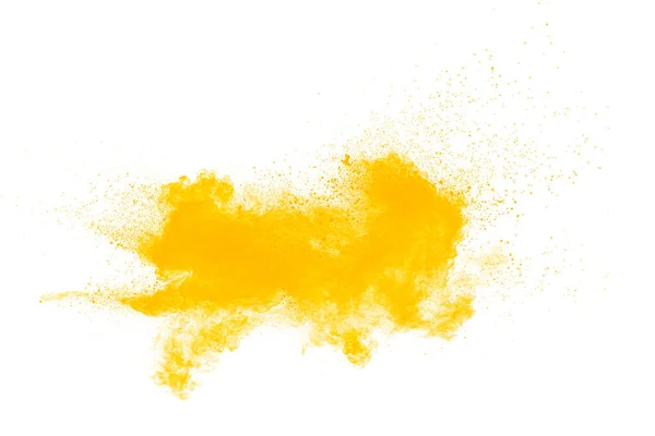 Abstraktes Gelbes Pulver Explodiert Auf Weißem Hintergrund Gefrierbewegung Von Gelben lizenzfreie Stockfotos