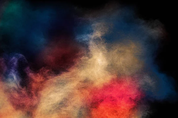 Взрыв Разноцветного Порошка Холи Черном Фоне Живые Цветные Частицы Пыли — стоковое фото