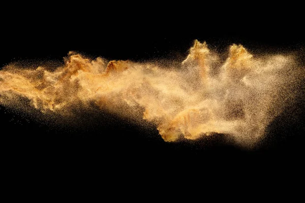 Droog Rivierzand Explosie Bruin Gekleurde Zand Plons Tegen Zwarte Achtergrond — Stockfoto