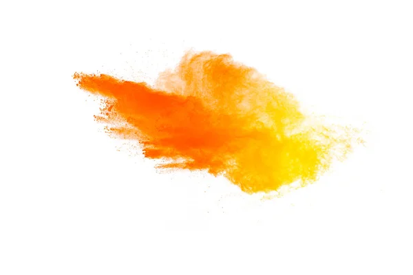 Explosión Polvo Naranja Amarillo Sobre Fondo Blanco Congelar Movimiento Partículas —  Fotos de Stock