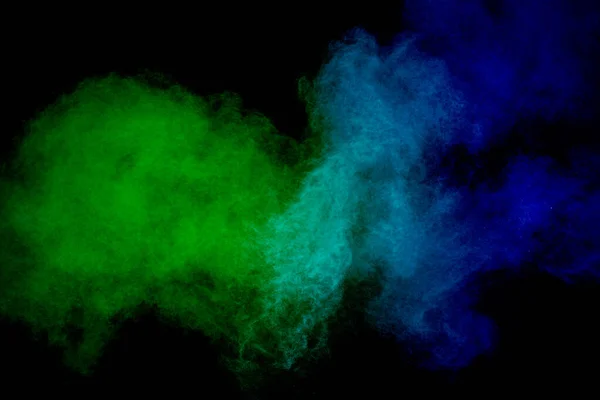 Explosion Poudre Verte Bleue Sur Fond Noir Mouvement Gel Des — Photo