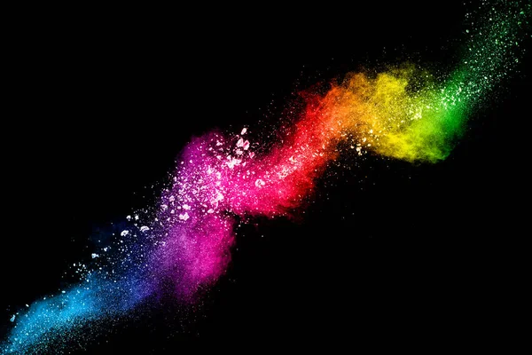 Pastellfarbenes Staubpartikelspritzen Bunte Pulverexplosion Auf Schwarzem Hintergrund — Stockfoto
