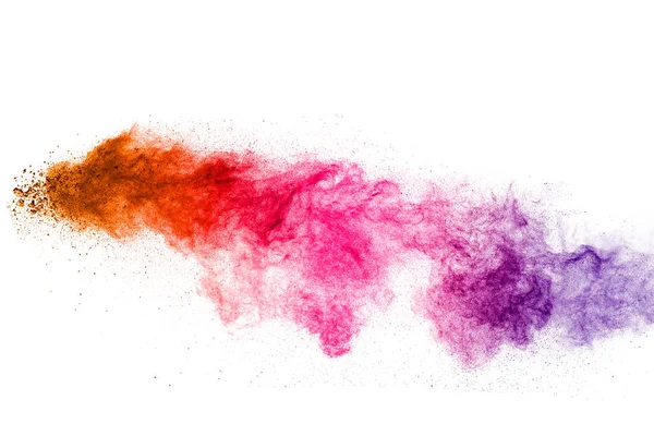 Multi Colour Poeder Explosie Witte Achtergrond Lancering Kleurrijke Stofdeeltjes Spatten — Stockfoto