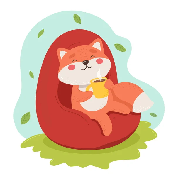 Happy Fox Κάθεται Μια Πολυθρόνα Ένα Φλιτζάνι Ζεστό Καφέ Σοκολάτα — Διανυσματικό Αρχείο