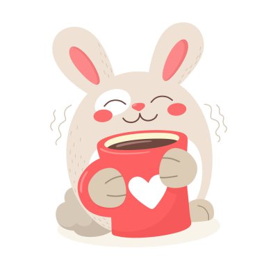 Bir kupa kahve ya da sıcak çikolatalı Mutlu Tavşan. Çizgi film karakteri, vektör çizimi.