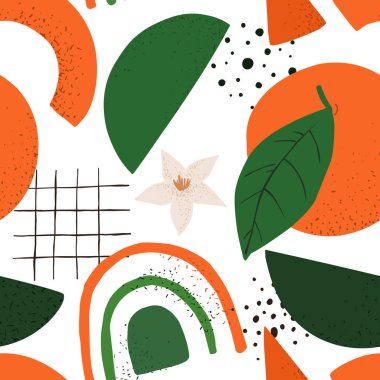 Portakallı ve geometrik şekilli soyut, dikişsiz desen. Vektör illüstrasyonu.