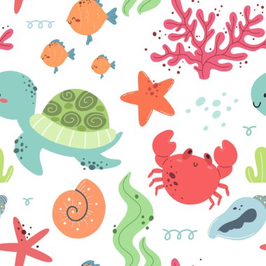 Seamless pattern with marine life. Sea and ocean, flora and fauna. Vector.