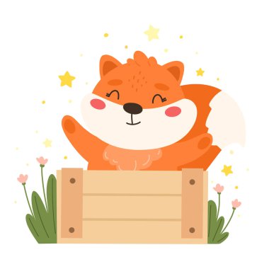 Kutudaki şirin tilki karakteri, çocuk baskısı, mutlu tilki. Vektör illüstrasyonu.