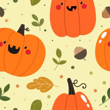 Cadılar Bayramı. Şirin balkabakları ve yaprakları olan kusursuz desen, sonbahar deseni, hasat festivali.