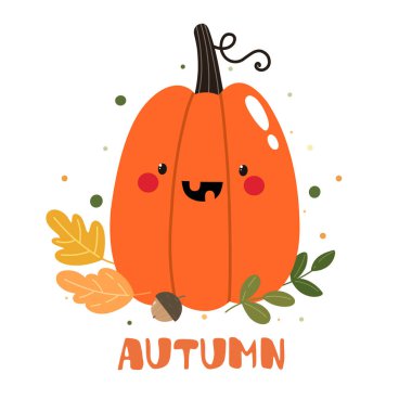 Yapraklı neşeli balkabağı. Autumn 'a mesaj at, vektör illüstrasyonu. Cadılar Bayramı