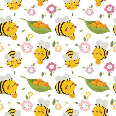 Şirin arılar ve çiçeklerle kusursuz desen. Kumaş ve vektör için yazdır.