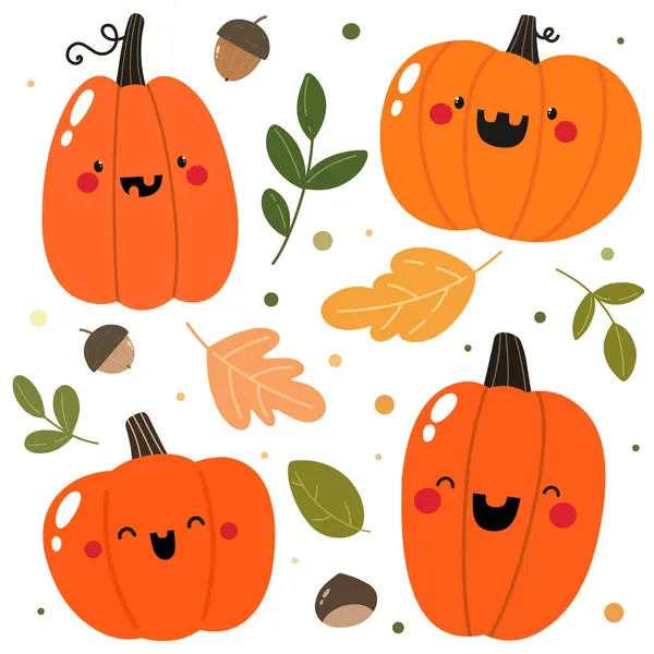 Set Funny Pumpkins Halloween Stickers Autumn Elements — Stock Vector