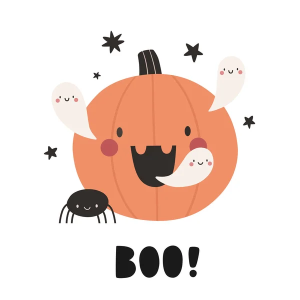 Roztomilý Kreslený Halloween Dýně Duchové Halloween Znaky Vektor Plochém Stylu — Stockový vektor