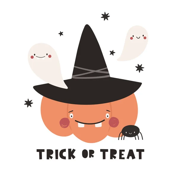 Cute Cartoon Pumpkin Character Ghosts Halloween Witch Hat Character Vector — Stock Vector