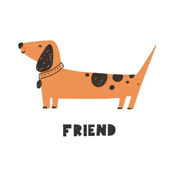 Glückliche Dackel Comicfigur Freund Hundeprint Für Kinder Vektorillustration Flachen Stil — Stockvektor