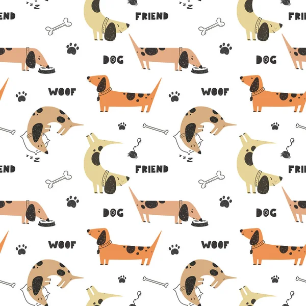 Бесшовный Рисунок Милыми Таксами Домашними Животными Милыми Собачьими Отпечатками Вектор Стоковая Иллюстрация