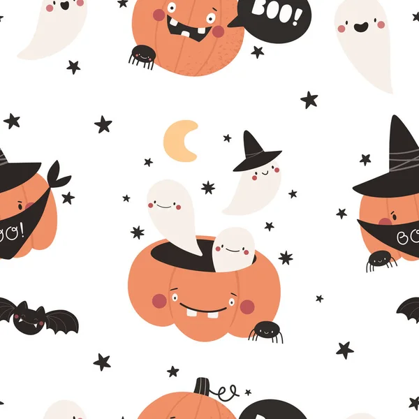 Naadloos Patroon Met Cartoon Pompoen Personages Halloween Patroon Platte Stijl — Stockvector