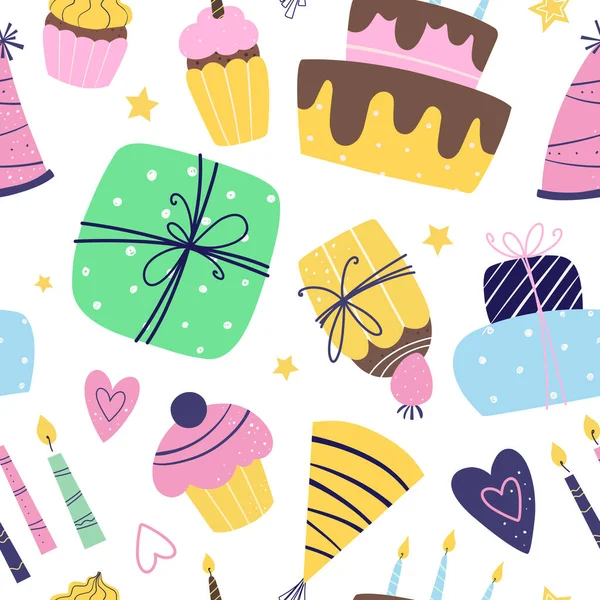 Birthday Celebration Flat Hand Drawn Seamless Pattern Festive Print Gifts — Stock Vector