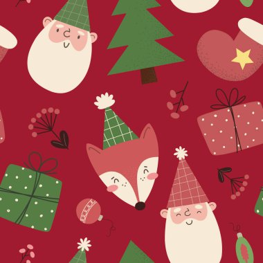 Çizgi film karakterleri ve hediyelerle kusursuz bir Noel deseni. Düz biçimli vektör illüstrasyonu.