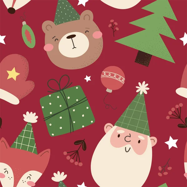 Çizgi film karakterleri ve hediyelerle kusursuz bir Noel deseni. Düz biçimli vektör illüstrasyonu.