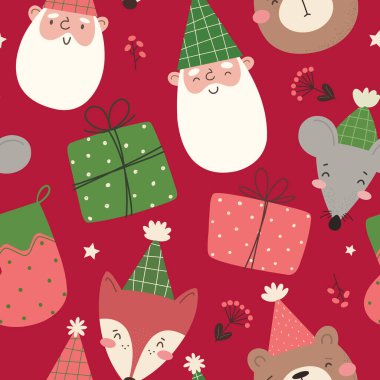 Çizgi film karakterleri ve hediyelerle kusursuz bir Noel deseni. Düz biçimli vektör illüstrasyonu.